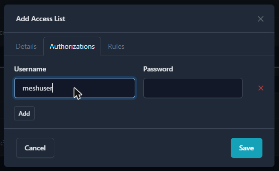Nginx Proxy Manager - Add Access List, Authorizations tab
