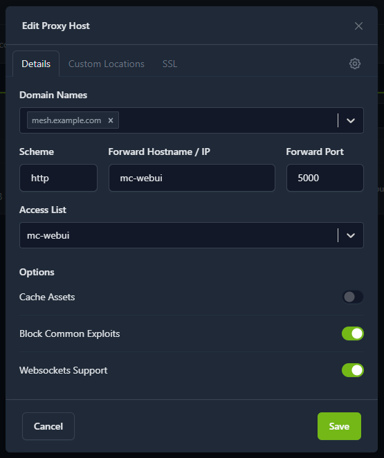 Nginx Proxy Manager - Edit Proxy Host with the Access List selected