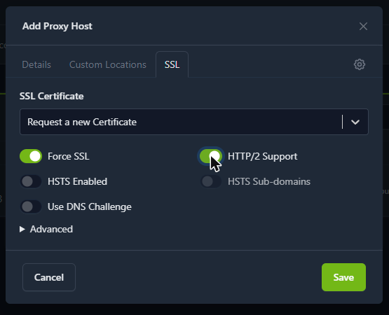 Nginx Proxy Manager - SSL tab with Force SSL and HTTP/2 enabled